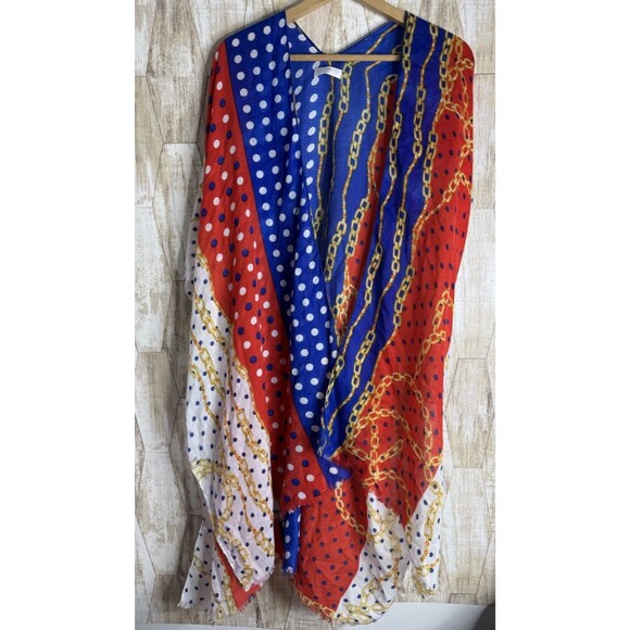 Janice Apparel Open Front Wrap Poncho Cover Up Polka Dot Chain Kimono Red Blue - Picture 1 of 1